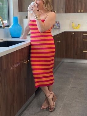Striped Strapless Dress - Red and Orange